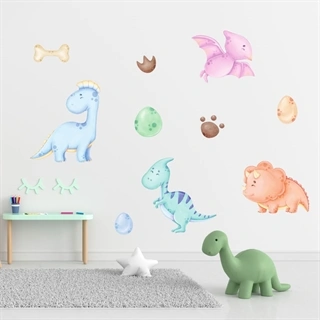 akvarell väggdekaler med söt dinosaurie och ägg och ben