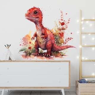 Akvarell väggdekal med unika röda dinosaurier