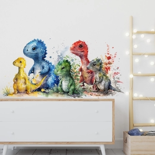 Akvarell väggdekal med unika 5 dinosaurier