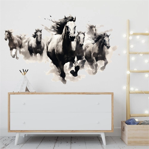 Akvarell väggdekal med en flock vilda hästar