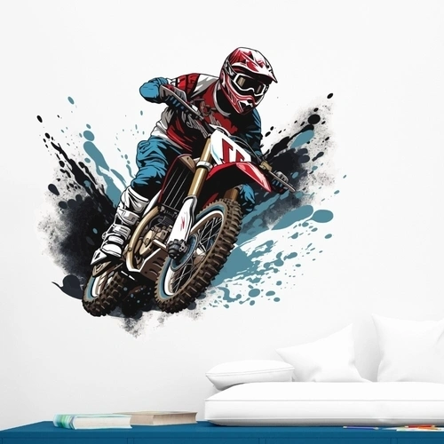 Cool wallsticker med en tvåhjulig motocrosscykel i blått och rött