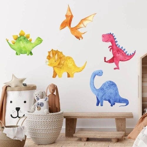 Fina handritade dinosaurier i akvarell väggdekor till barnrummet
