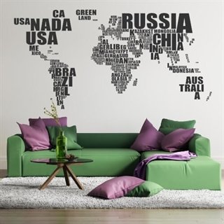 Wallsticker med världskarta där varje land är utskrivet med bokstäver