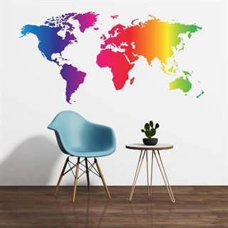En tryckt wallstickers som världskarta i många färger